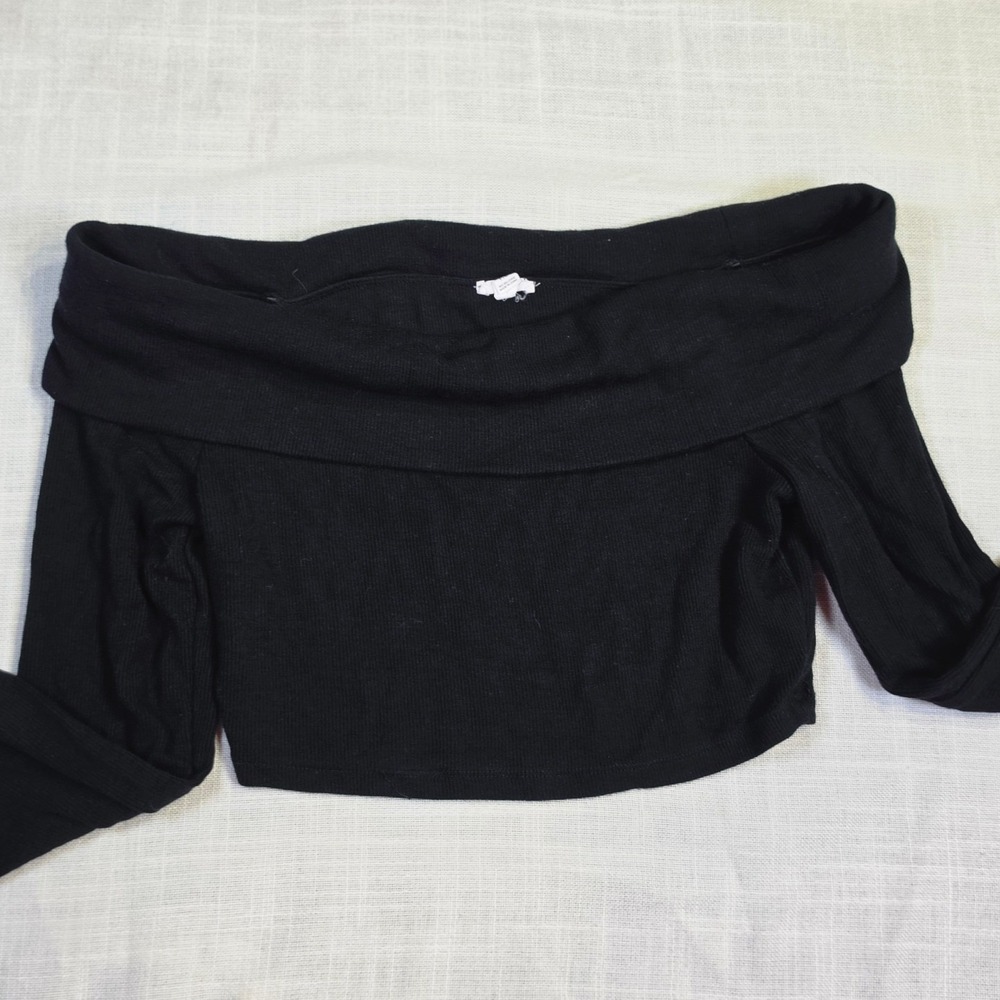 Garage Womens Black Ribbed Off The Shoulder Long Sleeve Crop Top Small